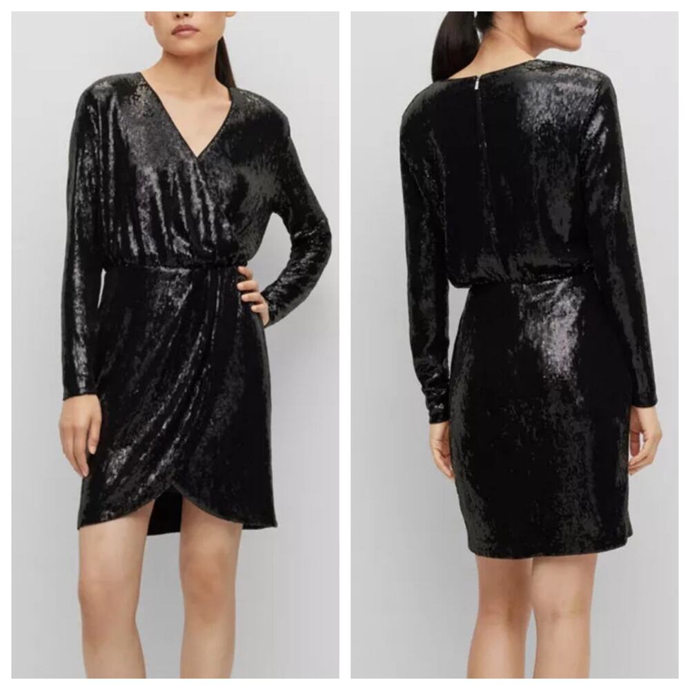 BOSS Mini Dress Black Sequin Faux Wrap Long Sleeve Cocktail